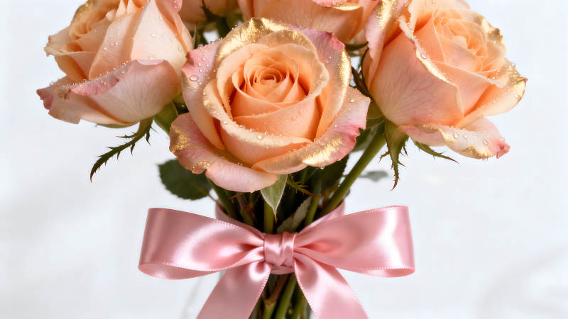 粉色玫瑰花束鑲金花瓣搭配粉色絲帶-圖片