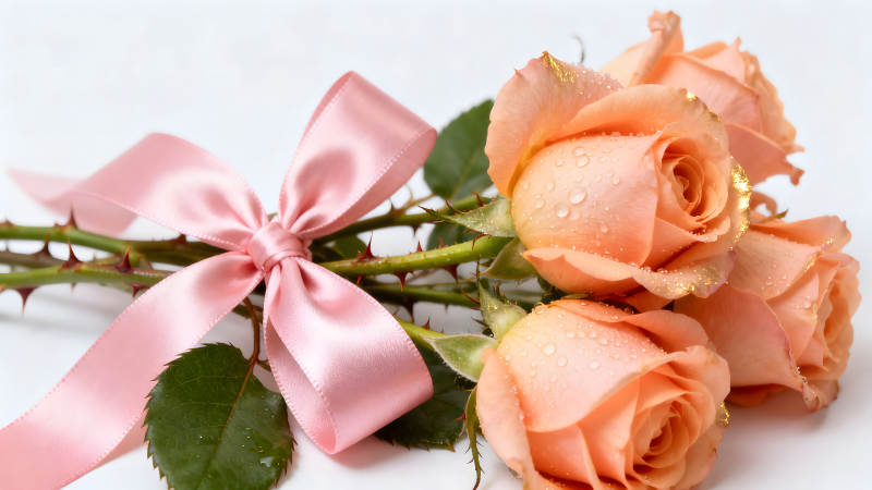 粉色絲帶玫瑰花束特寫-圖片