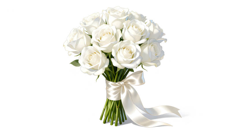 白色玫瑰花束精美絲帶-圖片