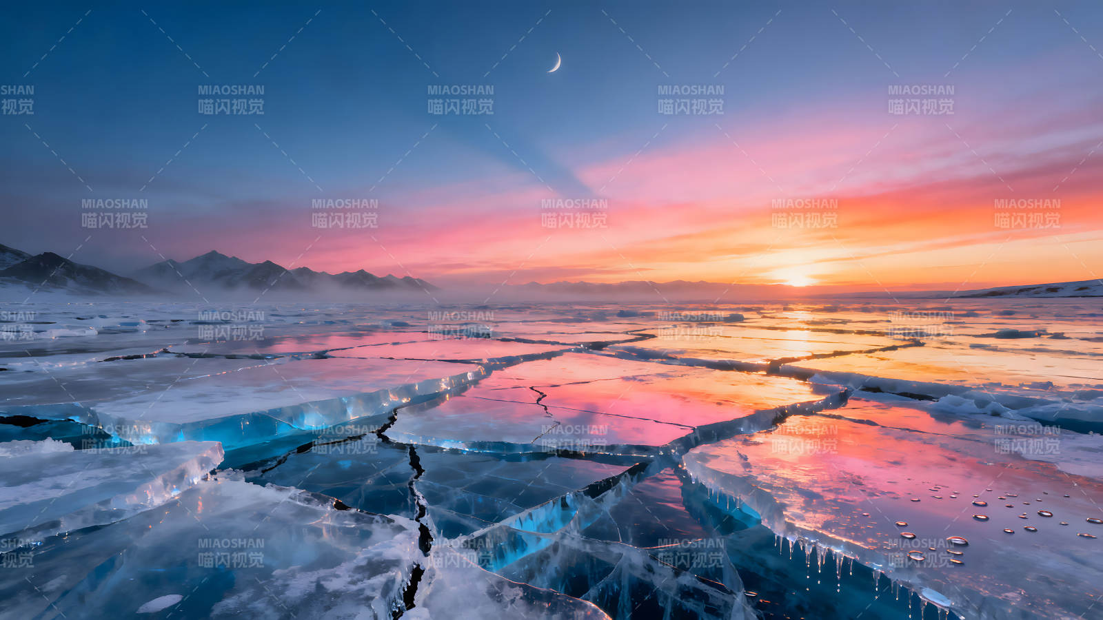 冰面夕陽下的月亮和天空-圖片