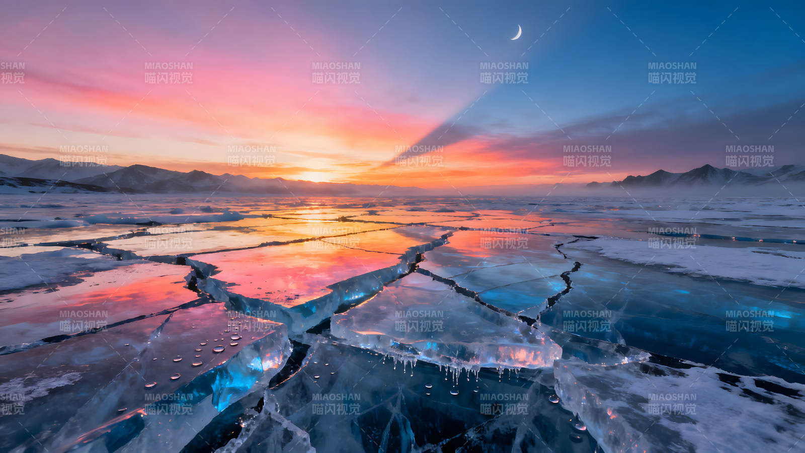 冰面夕陽下的壯麗景色-圖片