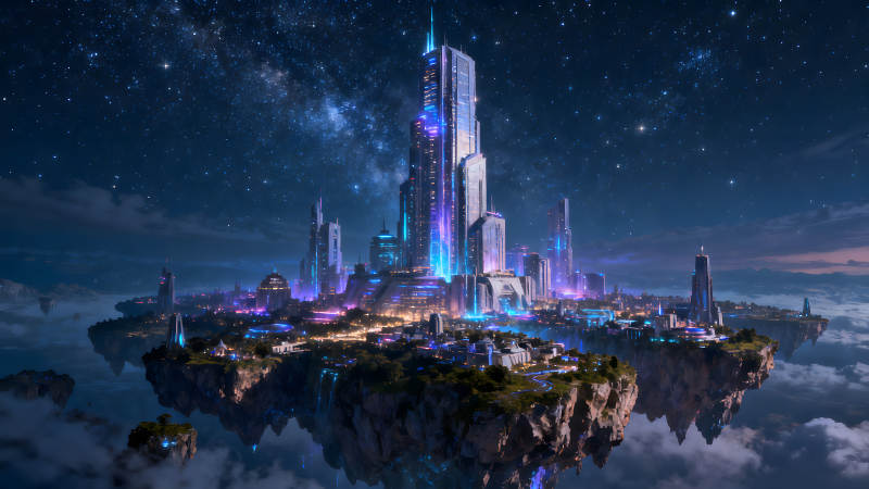 科幻未來城市夜景懸浮島嶼星空-圖片