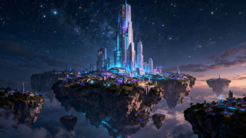 未來城市浮島夜景星空-圖片