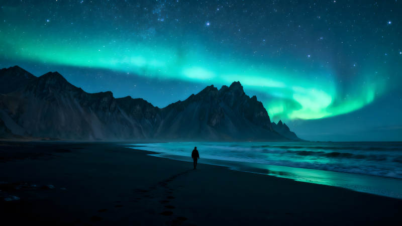 極光下的海岸線上的行人-圖片