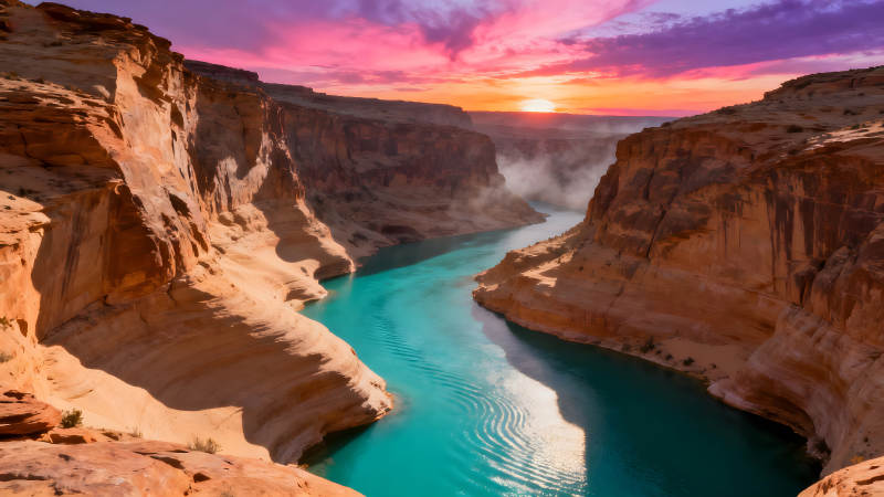 峽谷日落河水蜿蜒天空絢麗-圖片