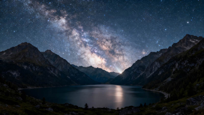 星空下的山脈與湖泊景色壯麗-圖片