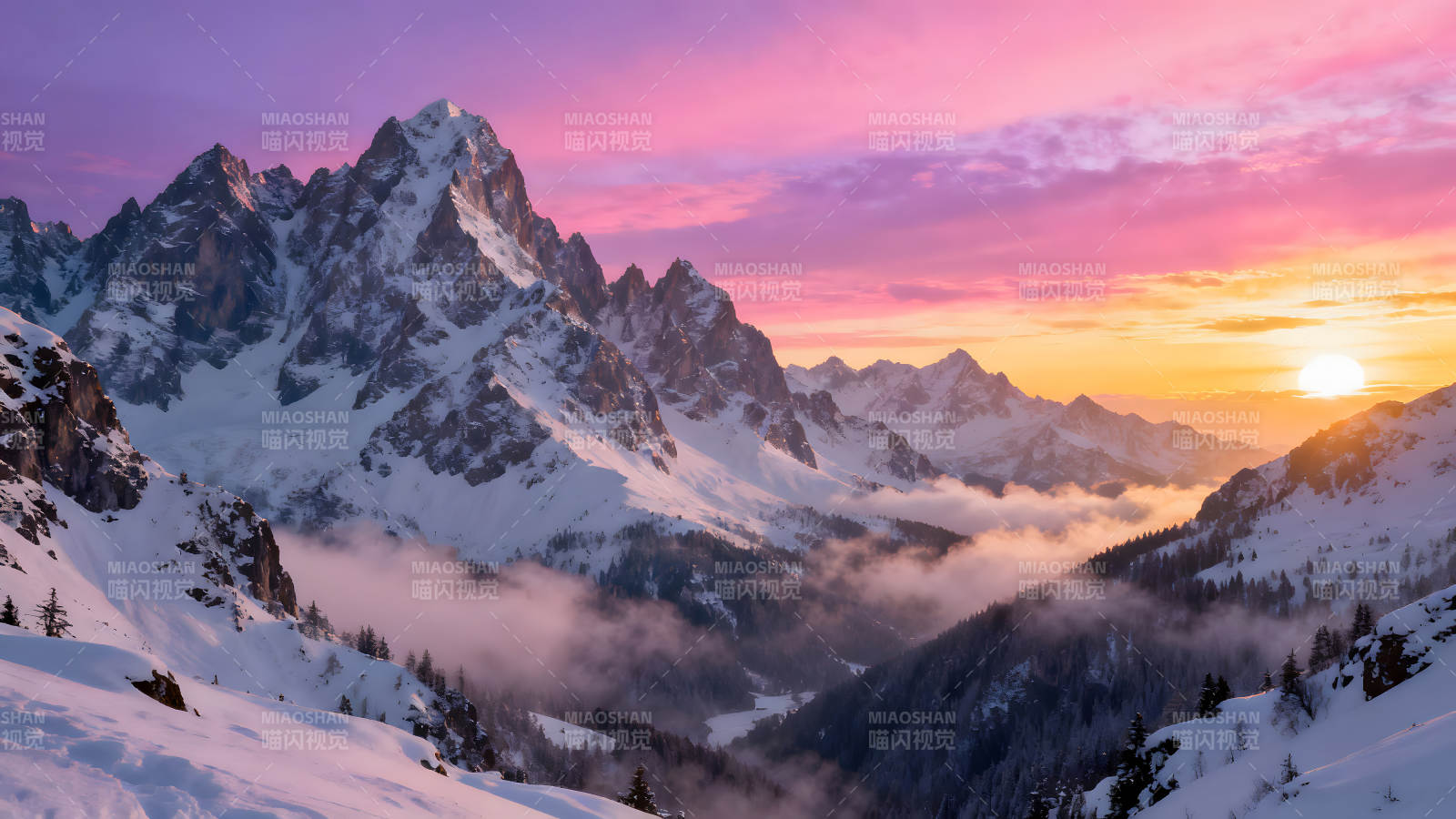 粉色天空下的雪山奇景-圖片