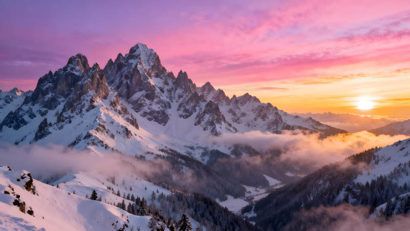 雪山夕陽下的壯麗景色-圖片