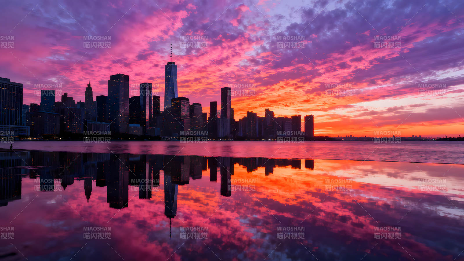 紐約市中心日落美景與水面倒影-圖片