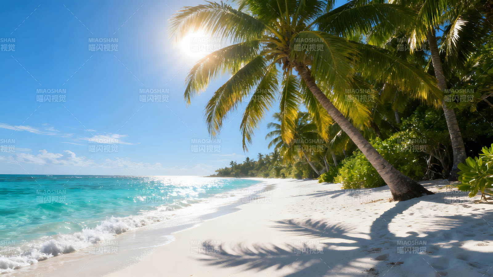 陽光沙灘椰樹海浪風(fēng)景如畫-圖片