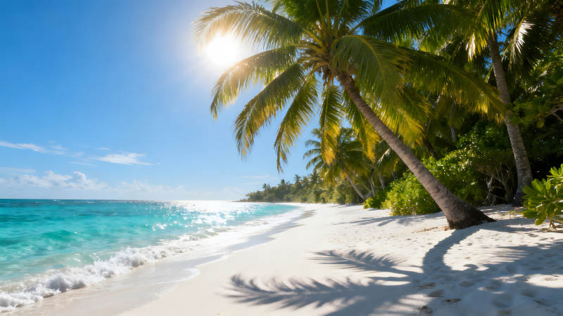 陽光沙灘椰樹海浪風景如畫-圖片