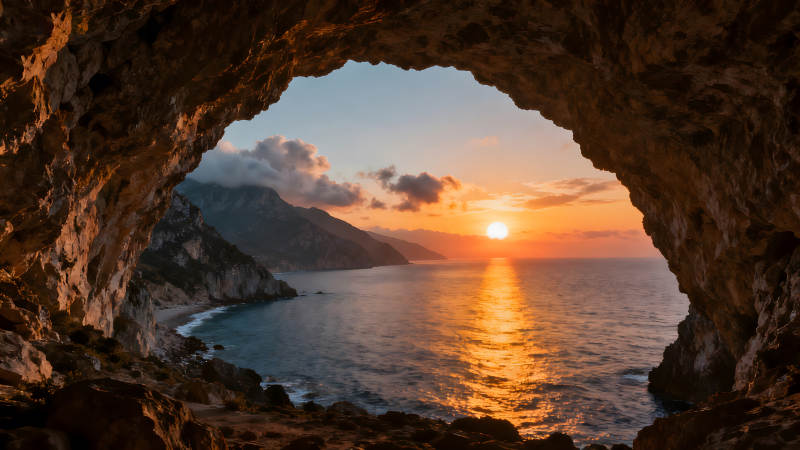 洞穴觀海景落日美景-圖片