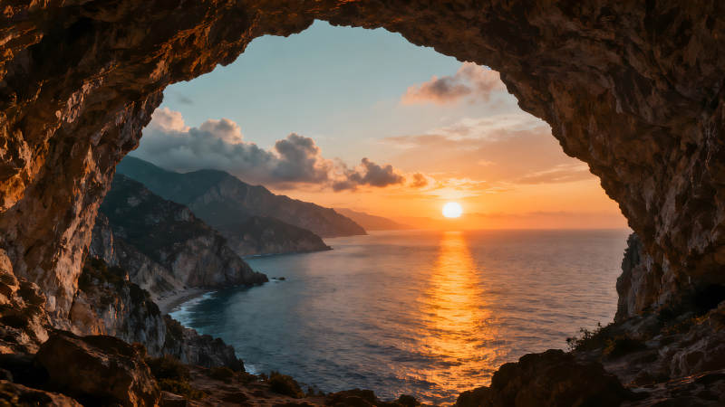 洞穴觀海日落美景-圖片