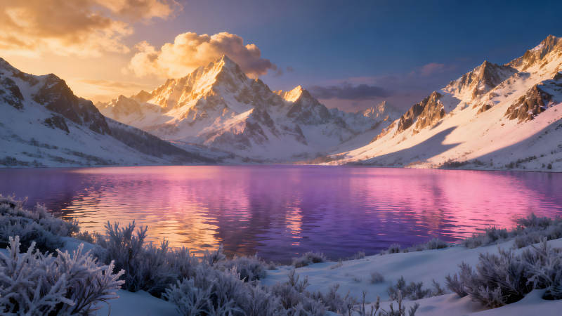 雪山湖泊夕陽下的唯美景色-圖片