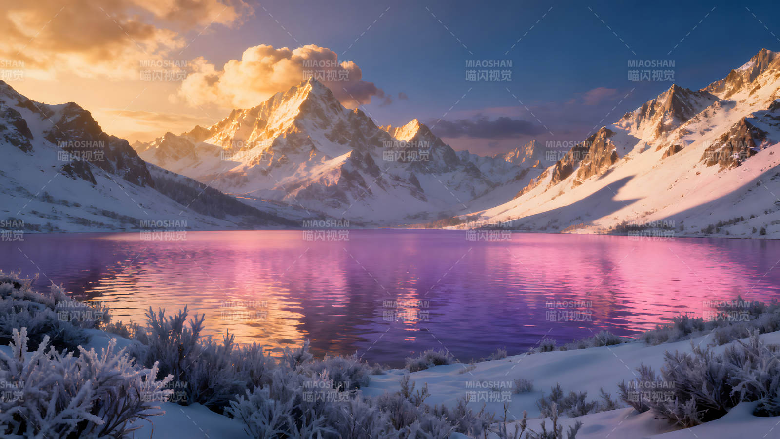 雪山湖泊夕陽下的唯美景色-圖片