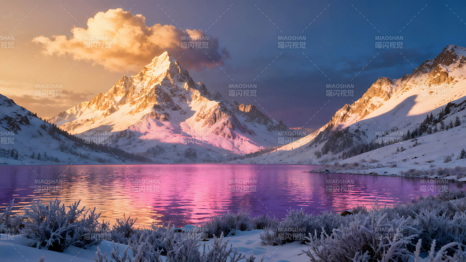 雪山湖泊日落美景-圖片