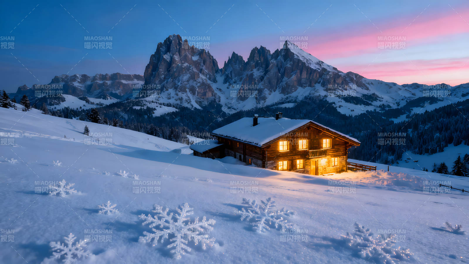雪山小屋夜景溫馨氛圍-圖片