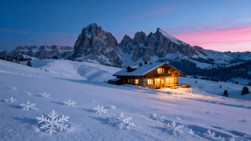 雪山小屋夜景夢幻般的冬日景象-圖片
