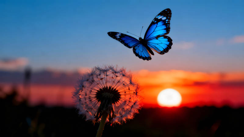 夕陽下蝴蝶與蒲公英-圖片