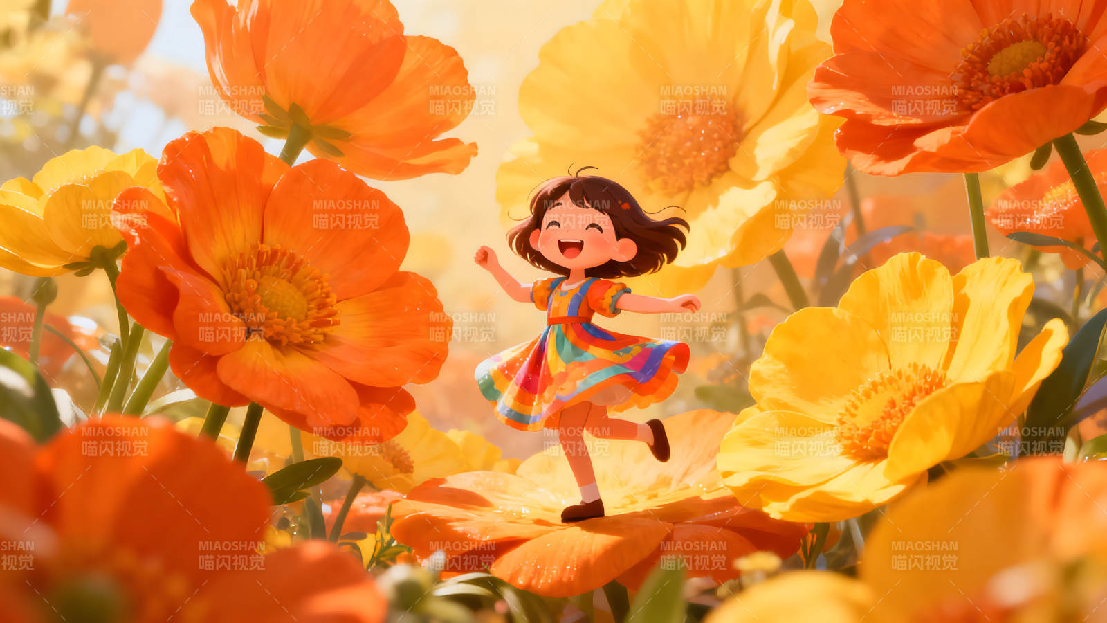 女孩在花海里快樂奔跑-圖片