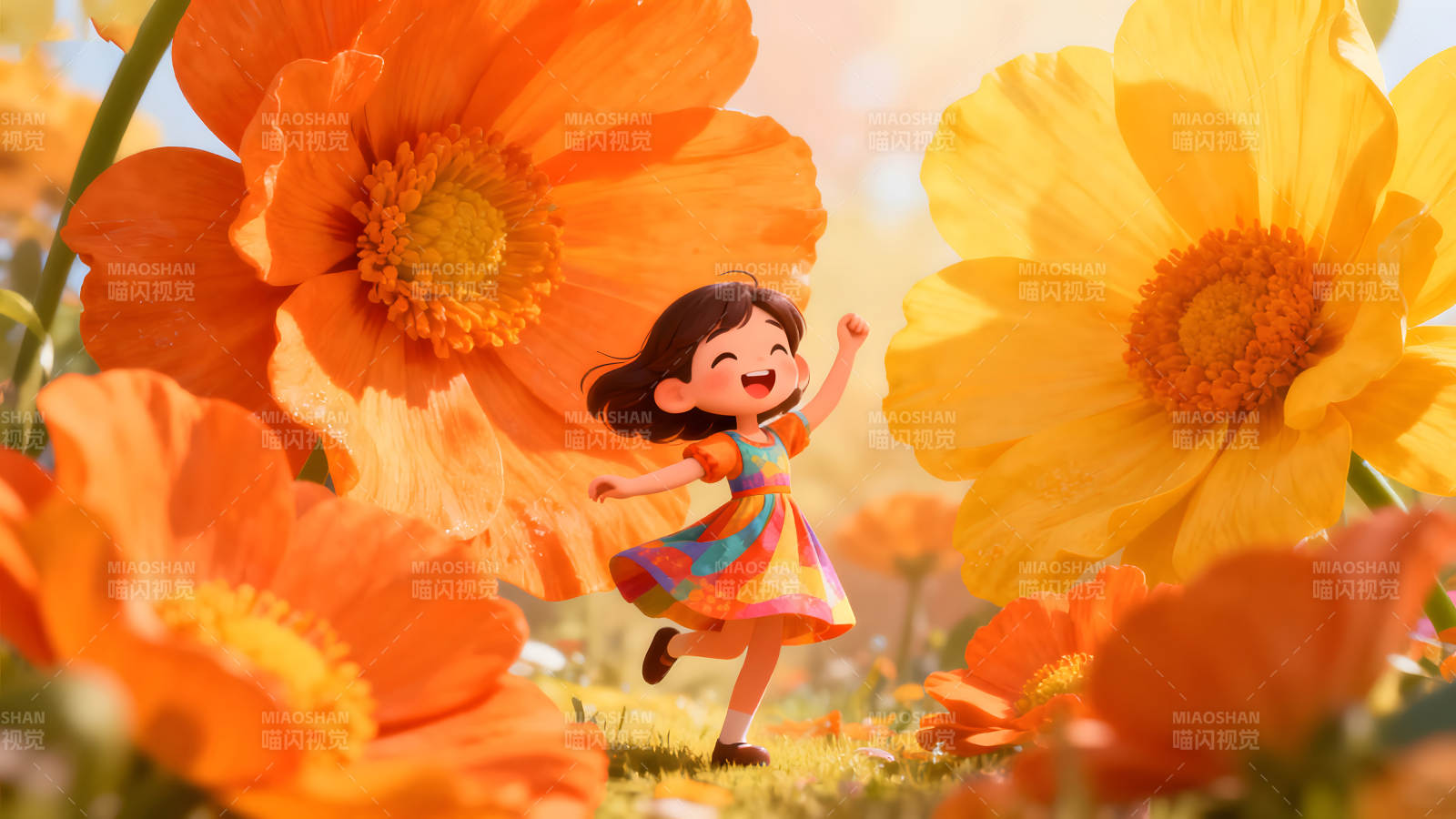 女孩在花海中歡快奔跑-圖片