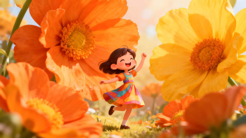 女孩在花海中歡快奔跑-圖片