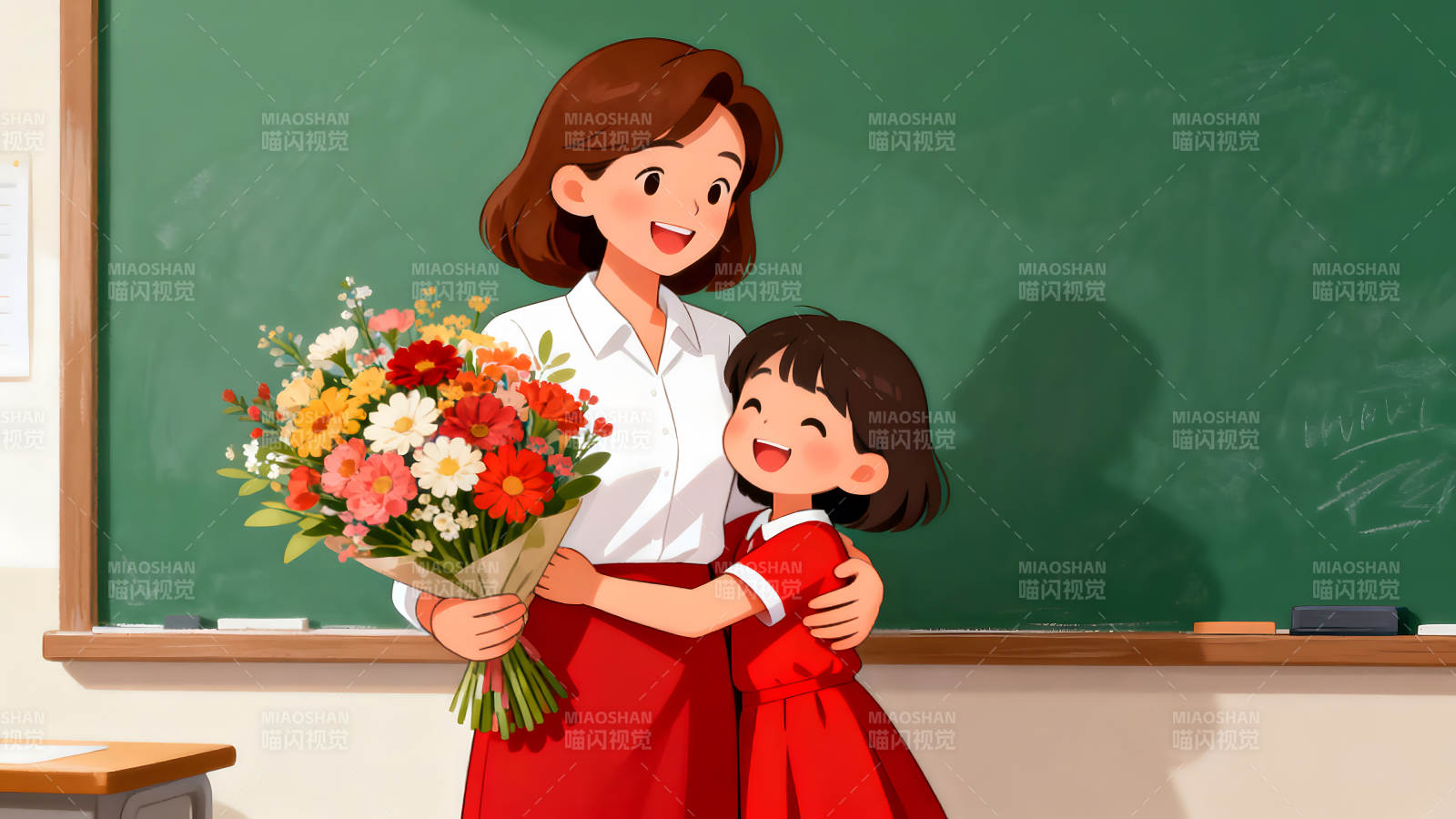 教师节快乐师生拥抱送花-图片