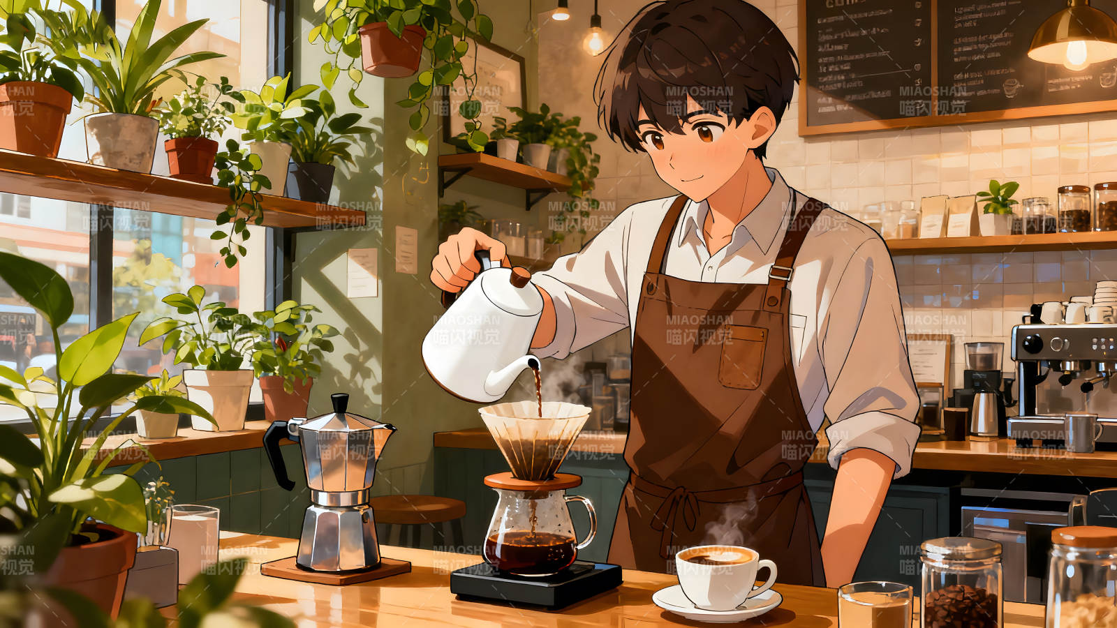 咖啡师在咖啡馆制作咖啡-图片