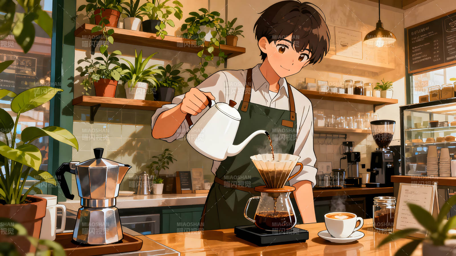 咖啡店员制作咖啡动漫风格-图片