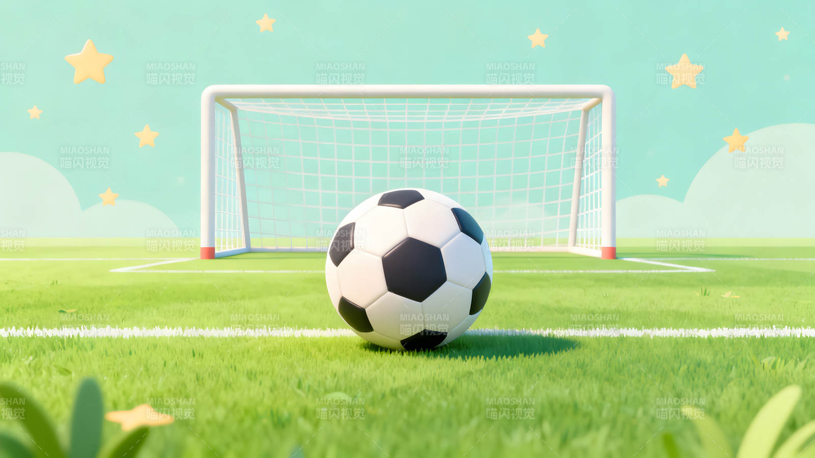 足球場卡通場景藍(lán)天綠草足球-圖片