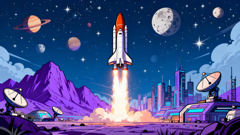 火箭升空夜空星河未來城市-圖片