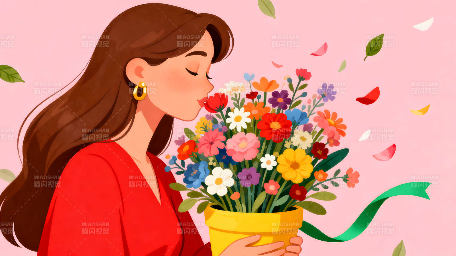 女子闻花香手捧鲜花粉色背景-图片