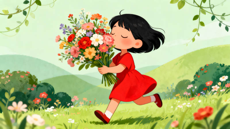 女孩擁抱鮮花奔跑-圖片