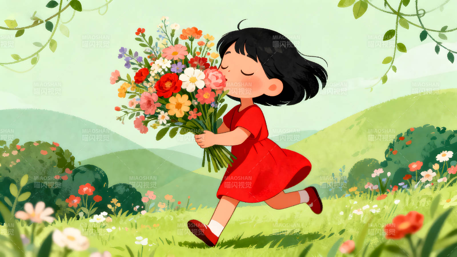 女孩擁抱鮮花奔跑-圖片