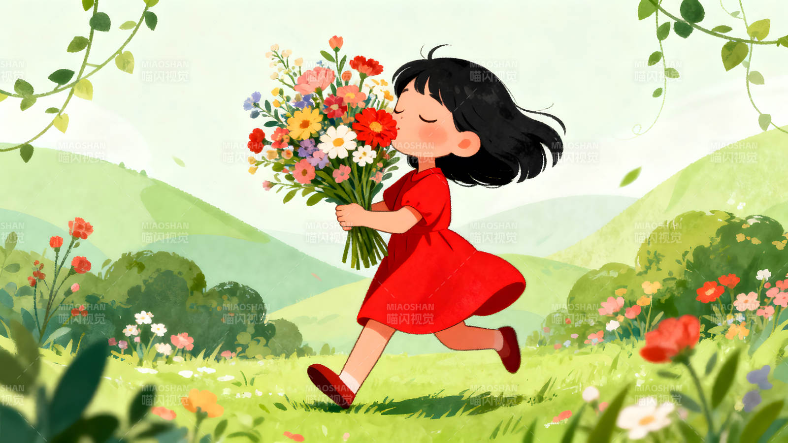 女孩擁抱鮮花奔跑在草地上-圖片