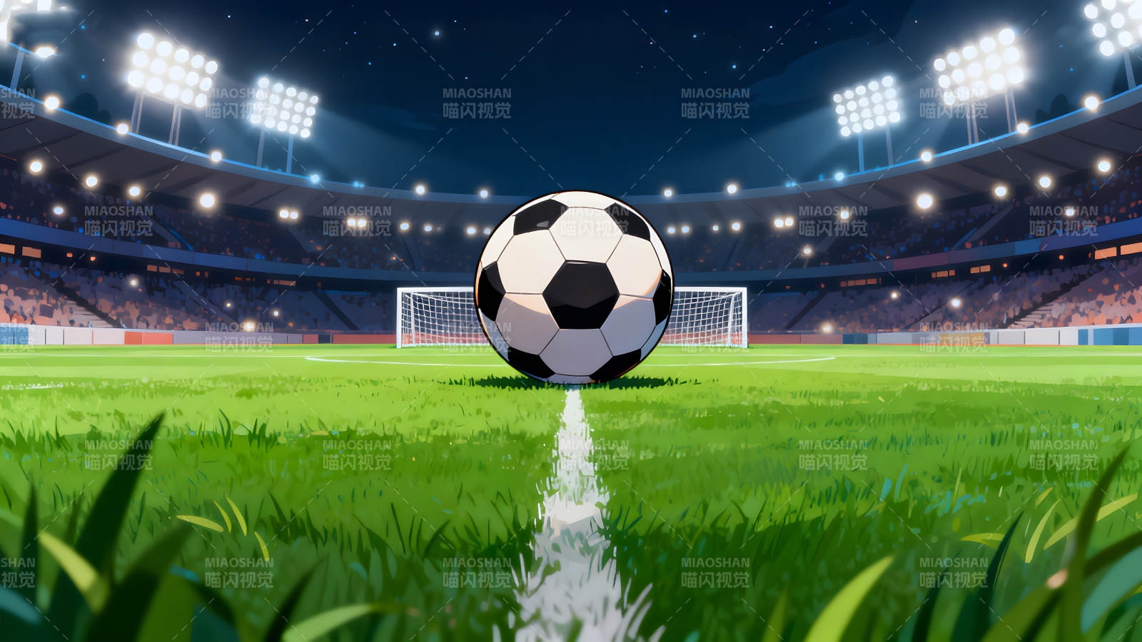 足球場夜晚比賽燈光照亮球場景象-圖片