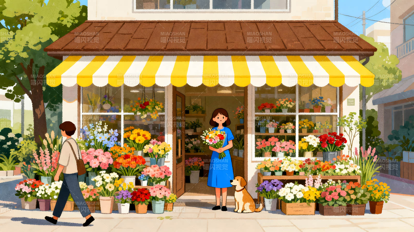 花店門口的溫馨景象-圖片