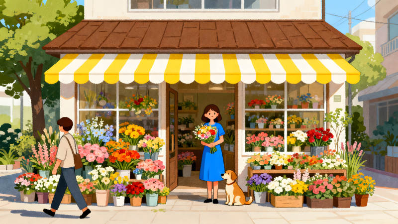 花店門口的溫馨景象-圖片