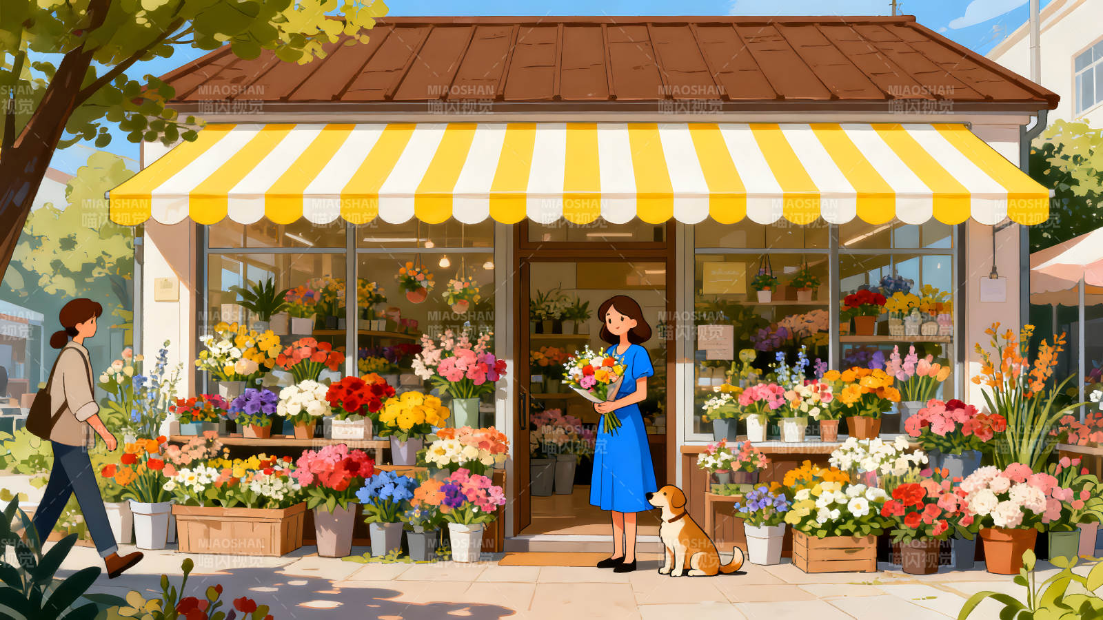 一家鮮花店門前的人和狗-圖片
