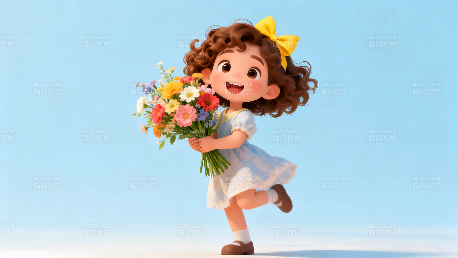 女孩拿著鮮花微笑-圖片