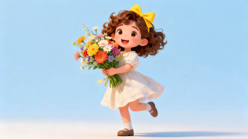 可愛女孩手捧鮮花在藍天背景下開心奔跑-圖片