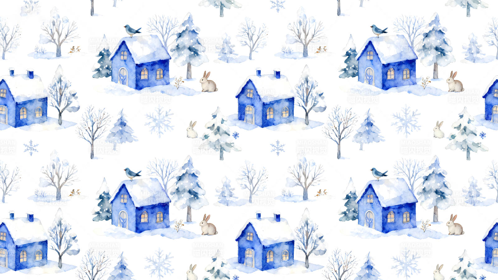 冬季雪景藍色小屋兔子鳥兒-圖片