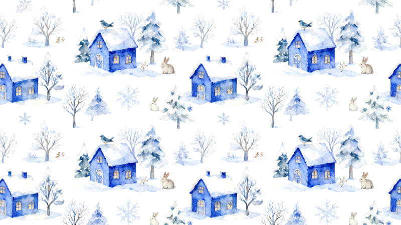 冬季雪景藍色小屋兔子鳥兒-圖片