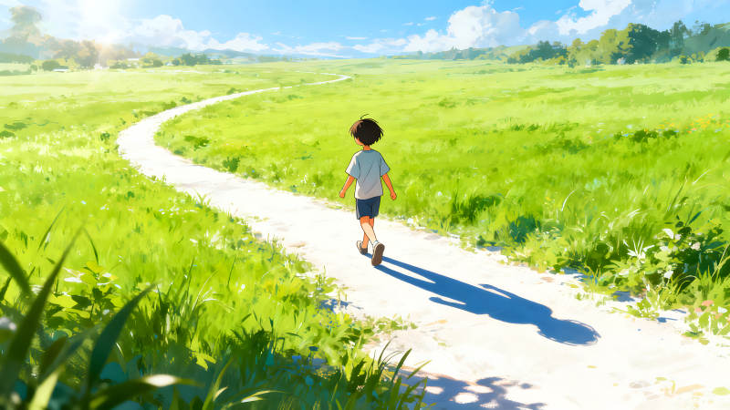 男孩漫步田野小路陽光明媚-圖片