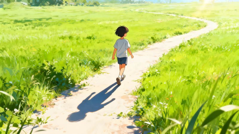 男孩在田野里的小路上行走-圖片