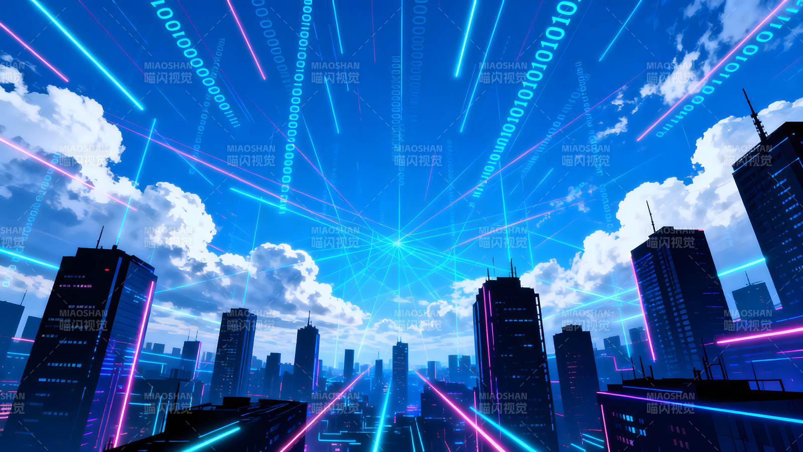 賽博朋克城市天空中的數(shù)據(jù)流-圖片