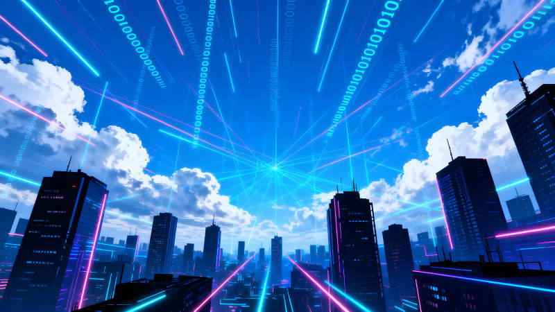 賽博朋克城市天空中的數據流-圖片