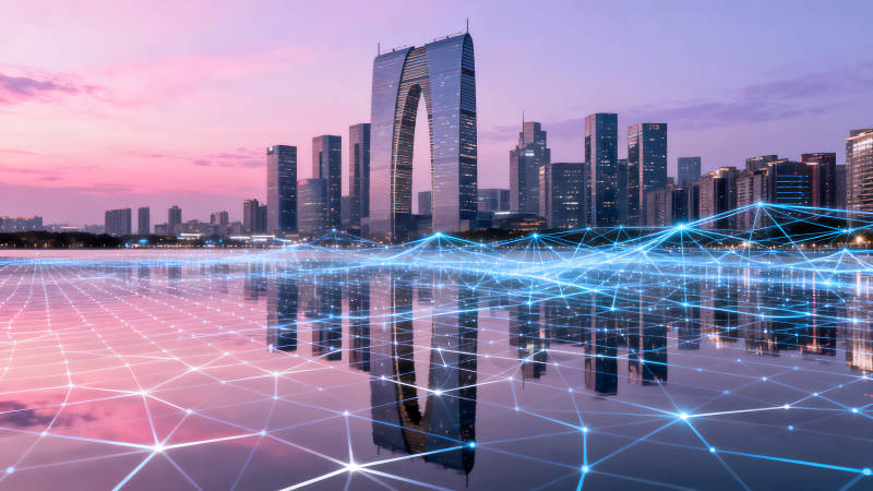 城市夜景與科技網絡連接-圖片