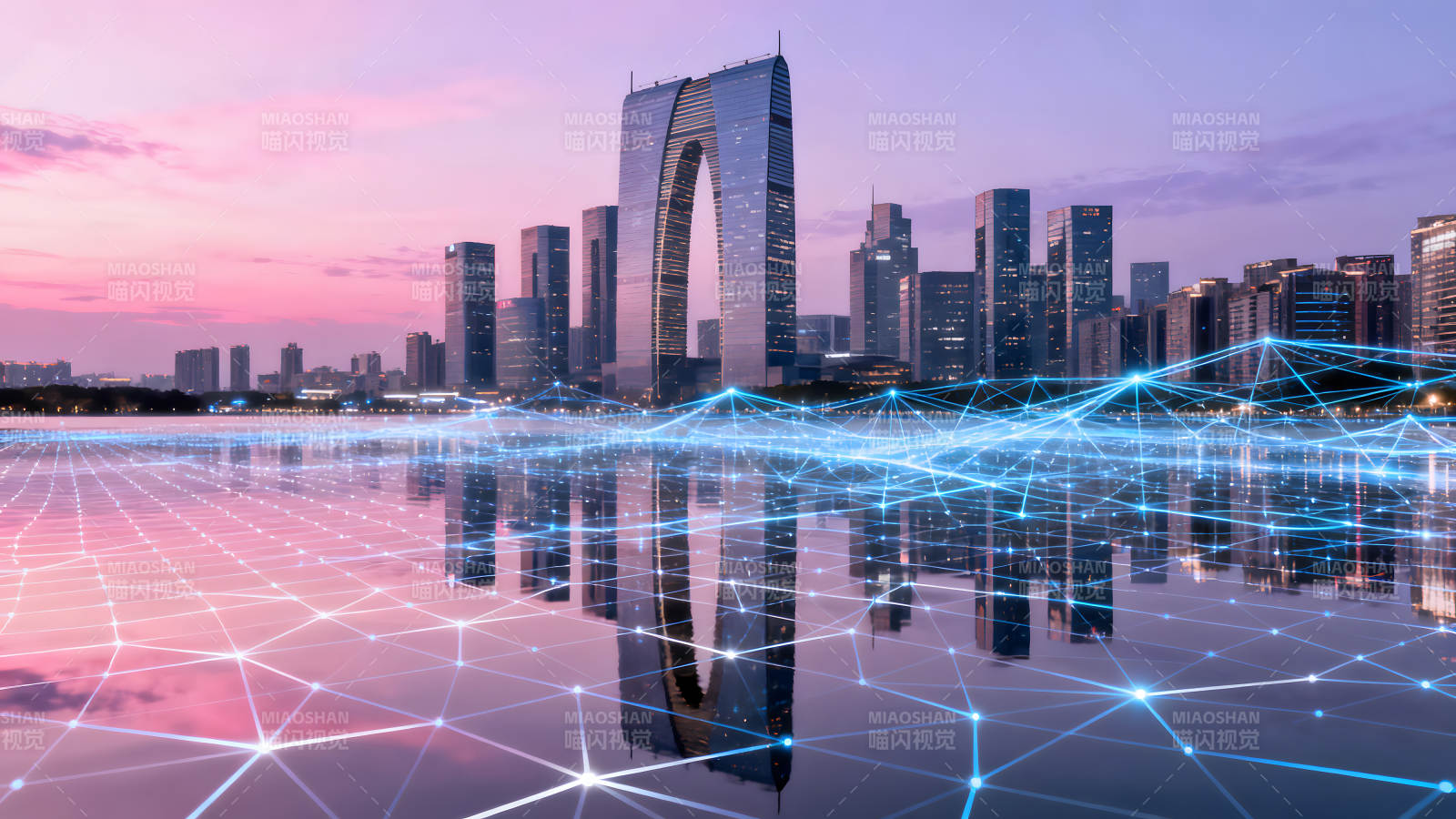 城市夜景與科技網絡連接-圖片