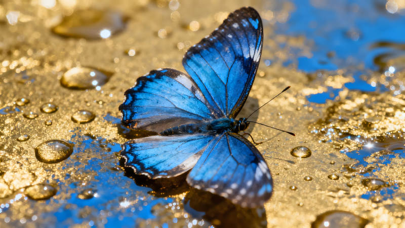 藍色蝴蝶棲息金黃表面水珠環繞-圖片